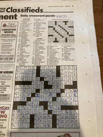 Palo Alto daily post crossword puzzle for Saturday, November 21, 2020